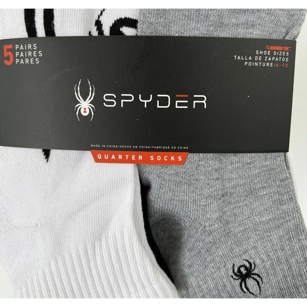 NEW Spyder Men Stripe Quarter Socks 5 Pairs White Black Gray Shoe Size 6 -12